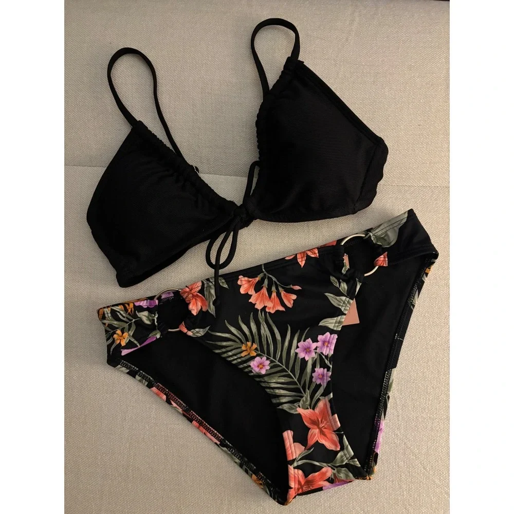 Shade & Shore XS Bikini Set Womens Black Floral Ribbed Triangle Low Rise 2pc